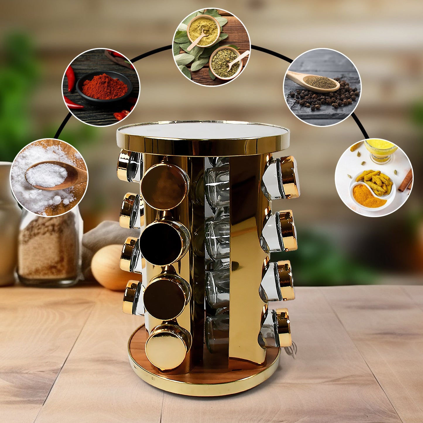 LED Spice Rack Organizer, Rotating Spice Rack (Golden / 16 Pc / MOQ - 6 pc)