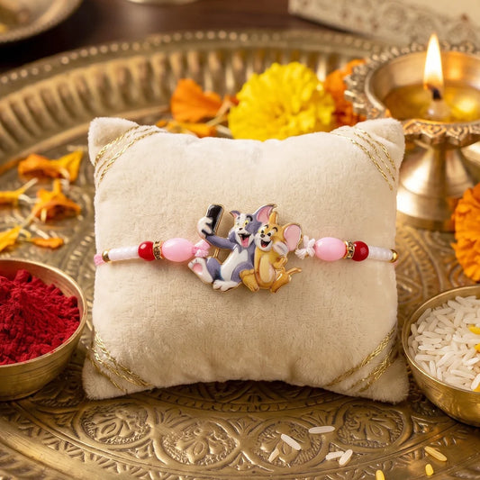 Kids Rakhi – Cute Cartoon Cat & Mouse Selfie Design for Siblings