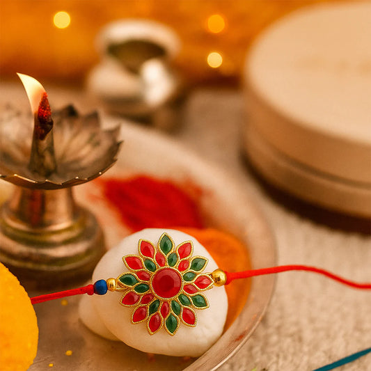 Red & Green Stone Flower Rakhi – Traditional & Elegant Gift