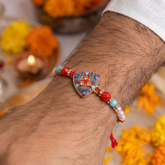 Premium Triangle Shape Pearl Beads lumba Rakhi – Traditional sibling gift