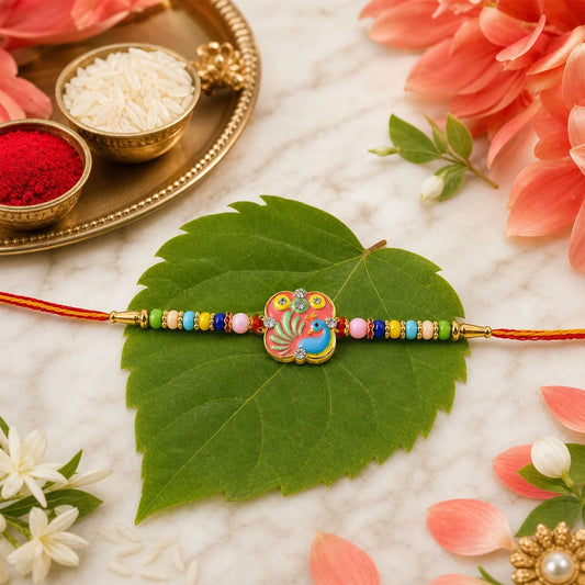 Peacock Motif Beaded Rakhi with Kundan Pattern Work (3 Pc)