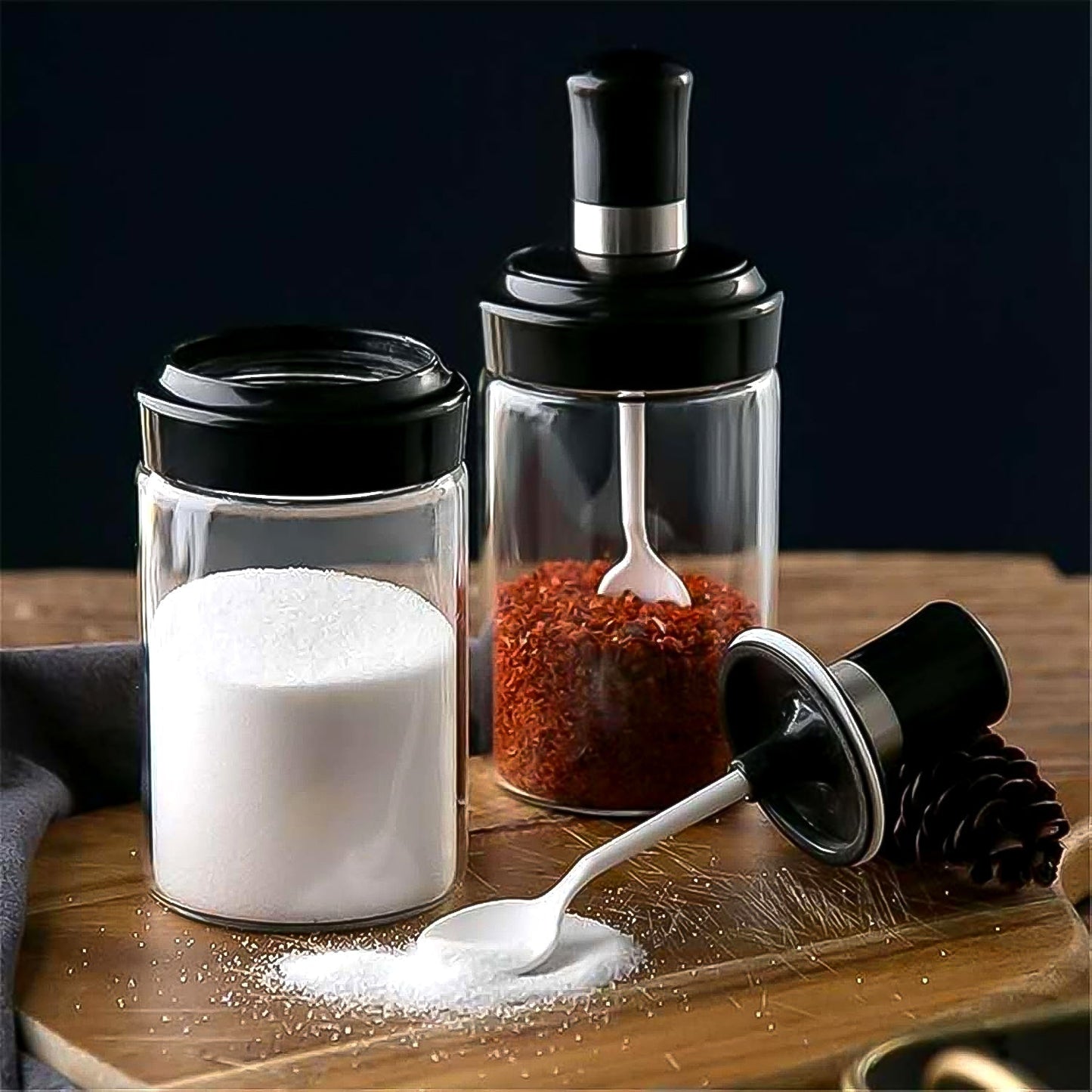 Transparent Glass Storage Jar with Built-in Spoon Approx 250ml (3 Pc)