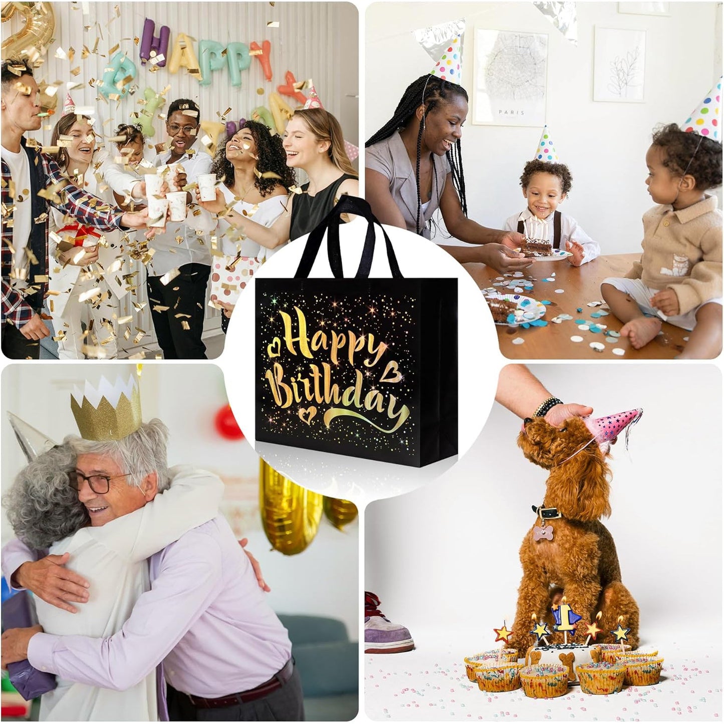 Birthday Gift Bag with Gold Shiny Stars, Reusable Party Gift Bags (2 Pc)