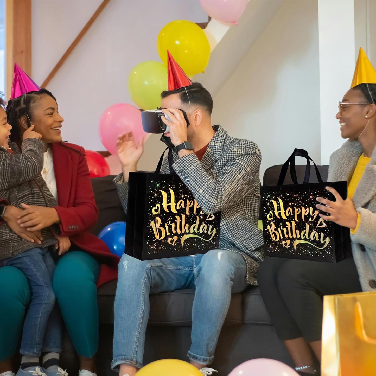 Birthday Gift Bag with Gold Shiny Stars, Reusable Party Gift Bags (2 Pc)