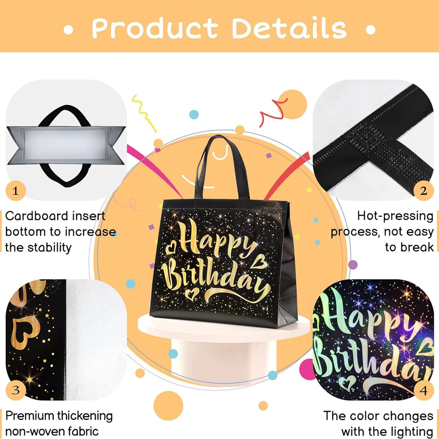 Birthday Gift Bag with Gold Shiny Stars, Reusable Party Gift Bags (2 Pc)