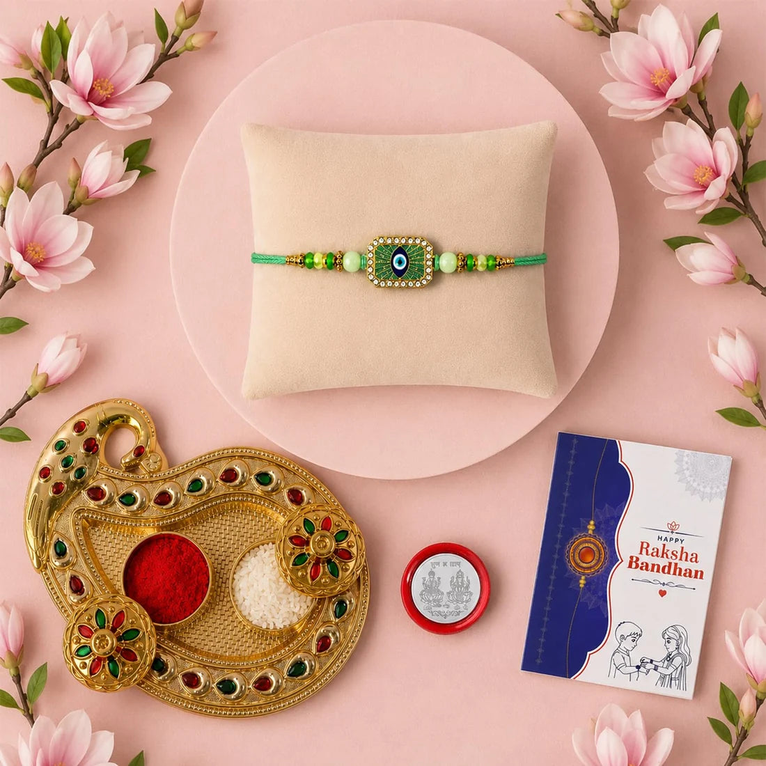 Multicolor Evil Eye Bracelet Rakhi and Art Design Pooja Thali Combo
