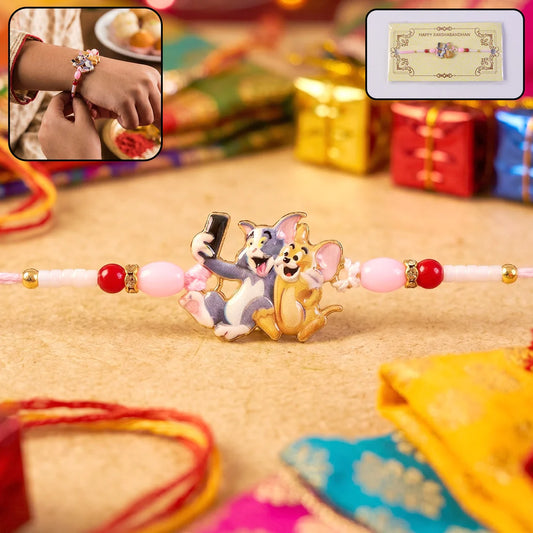 Kids Rakhi – Cute Cartoon Cat & Mouse Selfie Design for Siblings