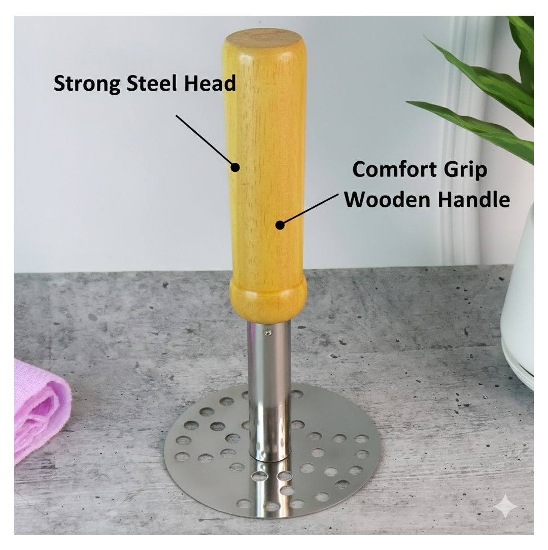 Stainless Steel Potato Masher, Pav Bhaji Masher with wooden handle