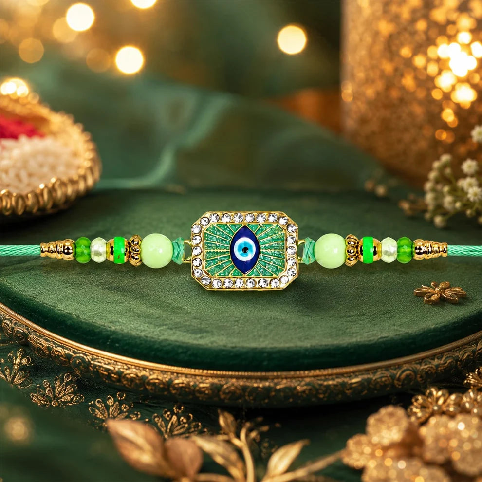 Multicolor Evil Eye Bracelet Rakhi and Art Design Pooja Thali Combo