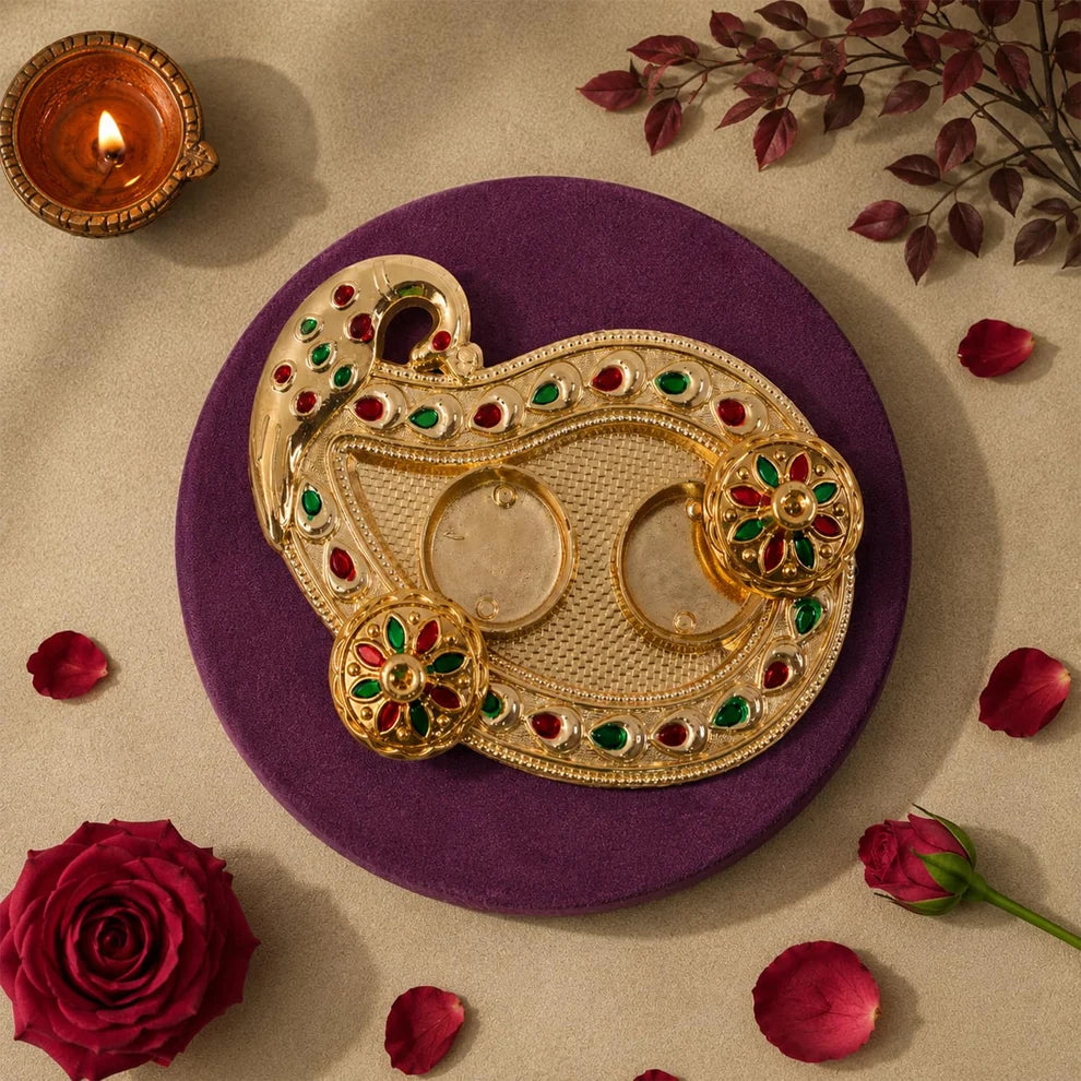 Multicolor Evil Eye Bracelet Rakhi and Art Design Pooja Thali Combo