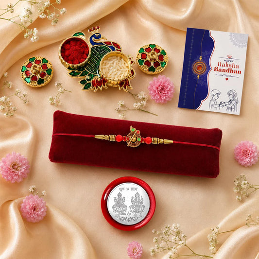 Rakhi Gift Hamper - Peacock Pooja Thali & Coin Set