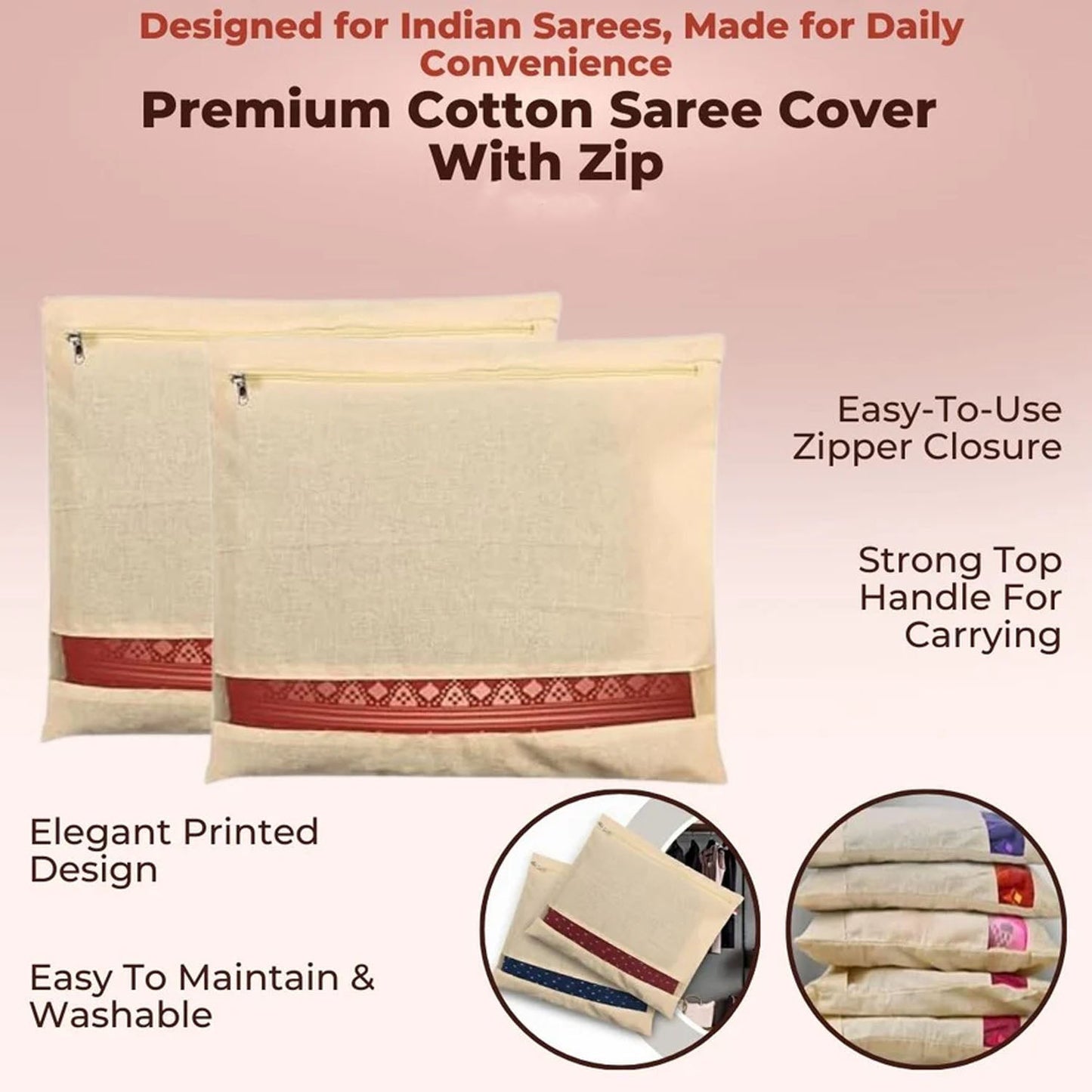 Zip Closure Saree Storage Bag (14.5 X 16.5 cm) Pack of 5