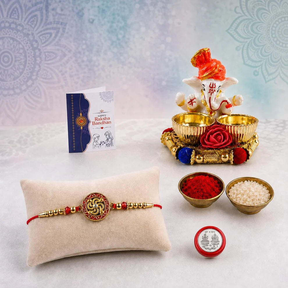 Rakhi Combo for Brothers – Golden Swastik Design & Pooja Thali