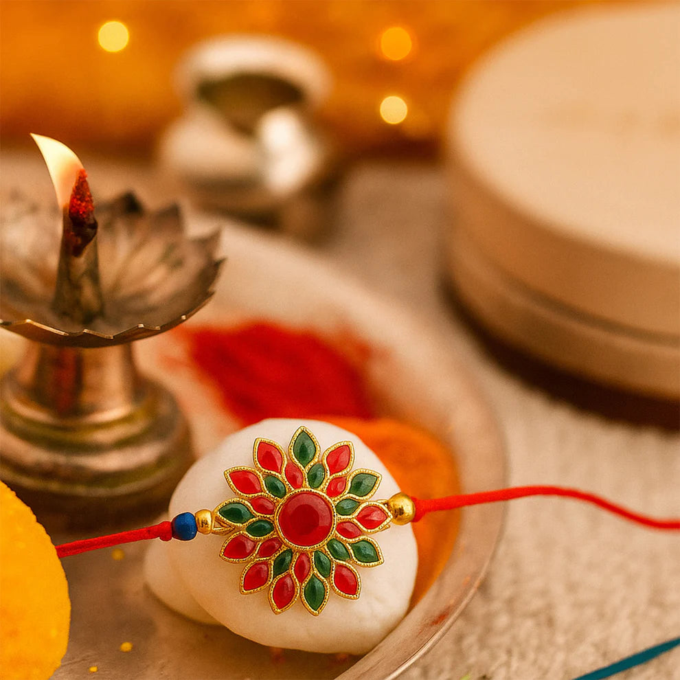 Red & Green Stone Flower Rakhi – Traditional & Elegant Gift