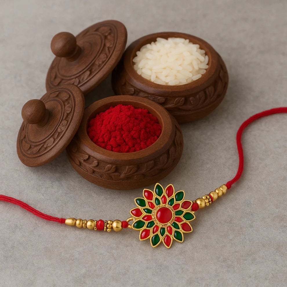 Red & Green Stone Flower Rakhi – Traditional & Elegant Gift