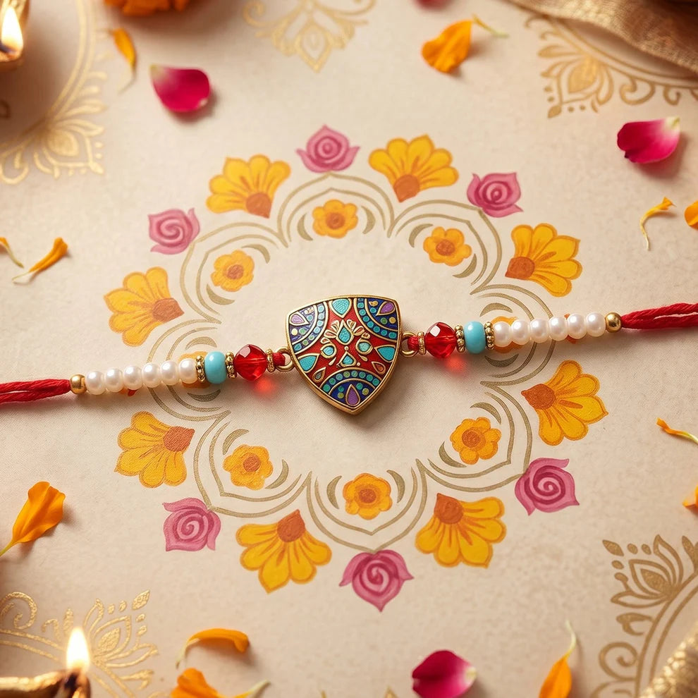 Premium Triangle Shape Pearl Beads lumba Rakhi – Traditional sibling gift