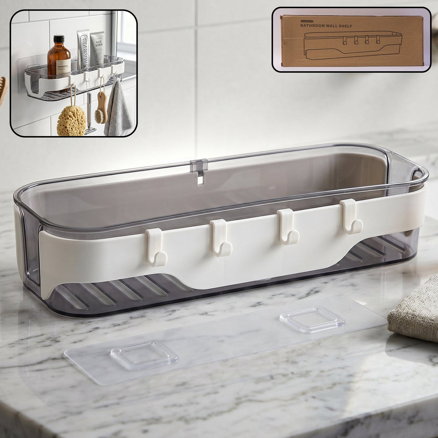 Stylish Bathroom Wall Shelf 1 Pc Multi-purpose Storage Organizer With Hooks